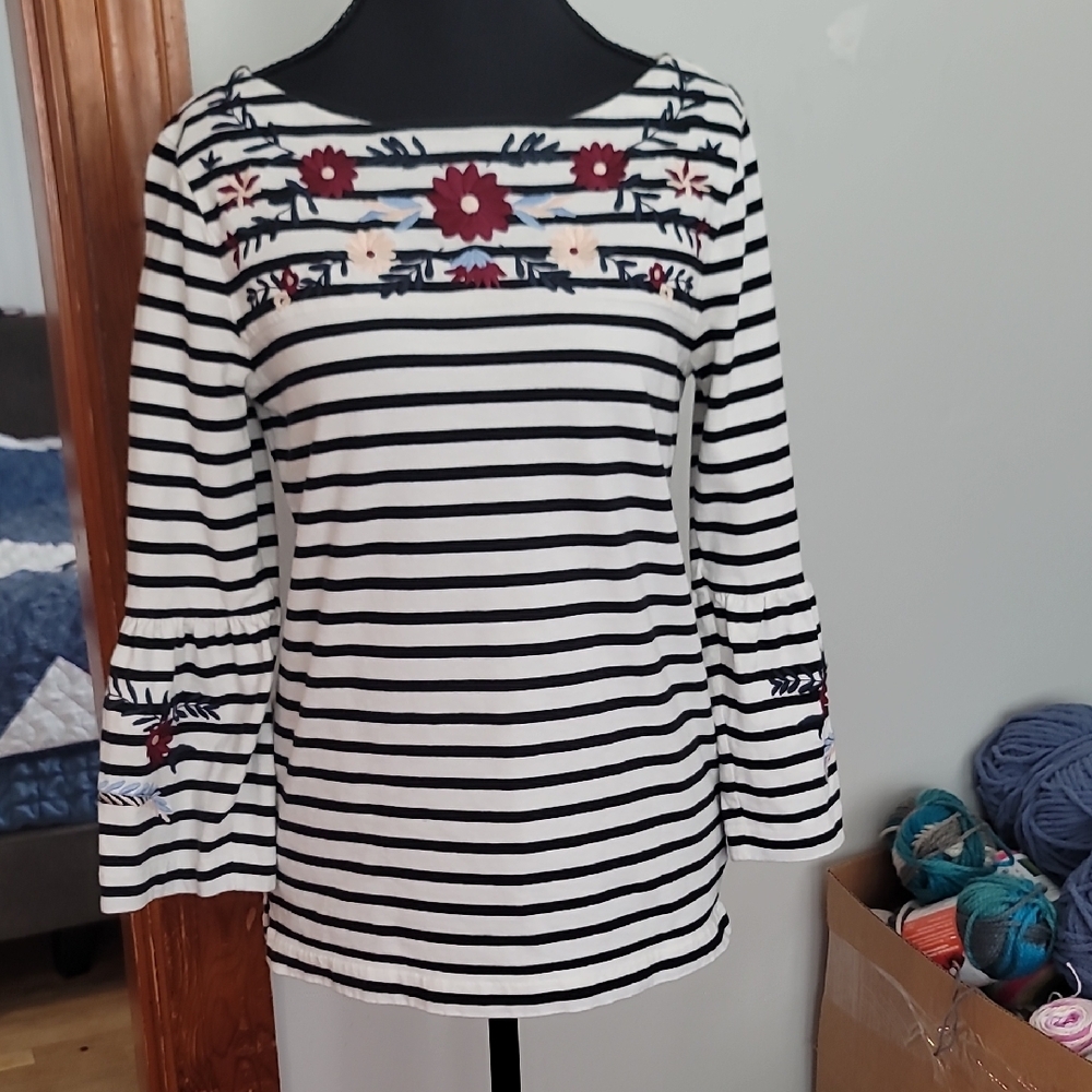 J. Crew Black and White Striped Blouse with Floral Embroidery